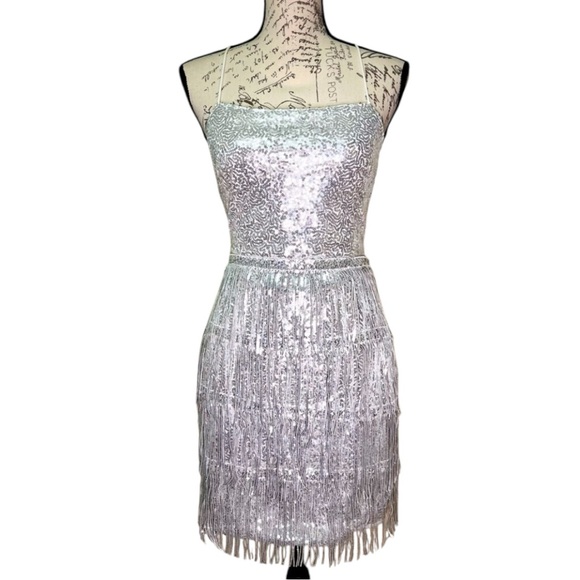 Silver Sequin Lace Up Dress Size M Medium NEW - Picture 4 of 12